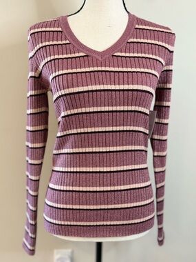 Nine West metallic striped V neck sweater rose pink brown tan SZ M